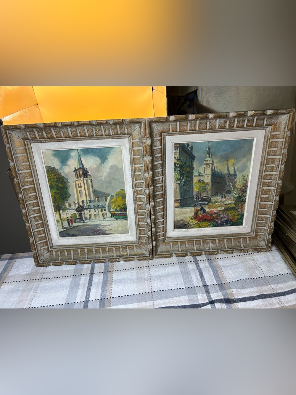 Pair Antique André Franchet Original Oil Paintings Paris Framed Mid Century